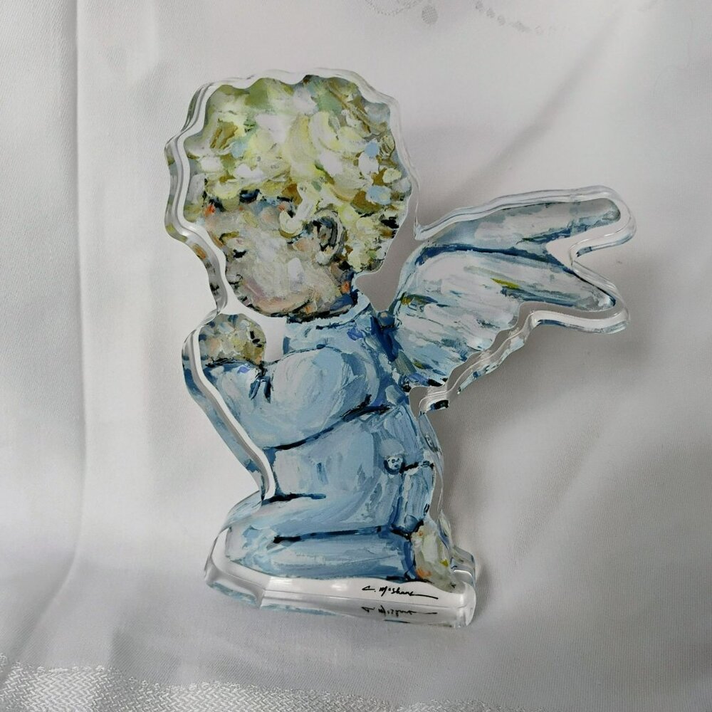 Hand Crafted Acrylic Art Angel Figurine Signed C McShane, "Tiny Wings" 7-inch